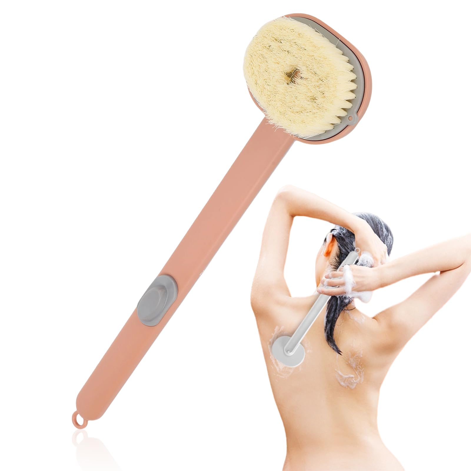 Bath Brush, Shower Body Brush, Long Handle for Shower Back Massage Cleaning Brush with Soap Dispenser and Removable Brush Head for Men and Women(Pink)