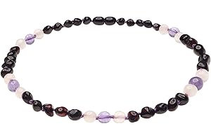 Genuine Amber Necklace from Baltic Sea Made with Polished Cherry Rose Quartz and Amethyst 34 cm (13.4 Inches), Baltic-Amber