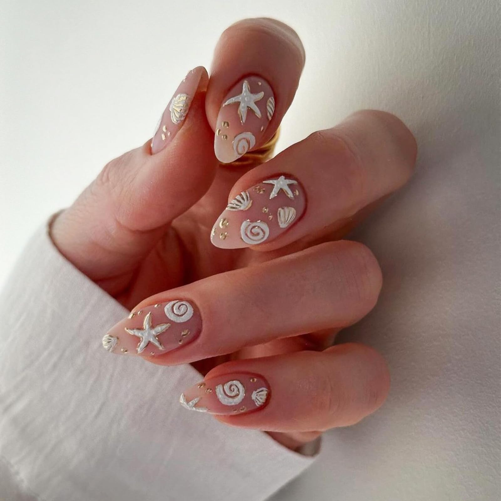 IMRAIN Almond Press on Nails Medium Fake Nails with 3D Sea Star & Shell Designs Full Cover Glue on Nails Matte Nude Artificial False Nails for Women and Girls 24Pcs Cute Stick on Nails