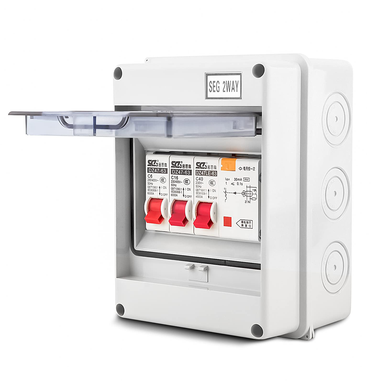 2 Way Mini Leakage Circuit Breaker Board 40A 30mA RCD 2MCB 6A+16A, IP65 Protective Plastic Shield Consumer Unit for Workshops,Outbuildings