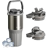 TKK 24 oz Ceramic Coated Tumbler with Straw Lid, 18/10 Stainless Steel Vacuum Tumblers, Leakproof Double Walled Iced Car Cup with Handle & Tea Infuser& Dishwasher Safe, for Hot & Cold Drinks, Grey