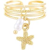 GLMOCM Gold Seashell Ring for Women Gold Starfish Ring Boho Shell Pearl Ring Adjustable Open Beach Ring Chunky Stackable Ring for Women Summer Jewelry