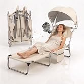 MakeBloom Folding Camping Lounge Chair with Canopy &amp; Fan, Portable Reclining Camping Cot with Pillow and Side Pocket, Full Length Outdoor Chaise Lounge for Beach, Pool, Patio, Lawn(Khaki)