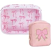 ACRNIGHEET Pink Bow Patch Clear Makeup Bag with Cute Emergency Period Bag, Clear Cosmetic Pouch PVC Organizer Purse, Portable Waterproof Toiletry Pouches for Women Travel Storage Valentine's Day Gift