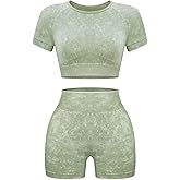 OLCHEE Womens Workout Sets 2 Piece - Seamless Acid Wash Yoga Outfits Shorts and Crop Top Matching Gym Athletic Clothing Set