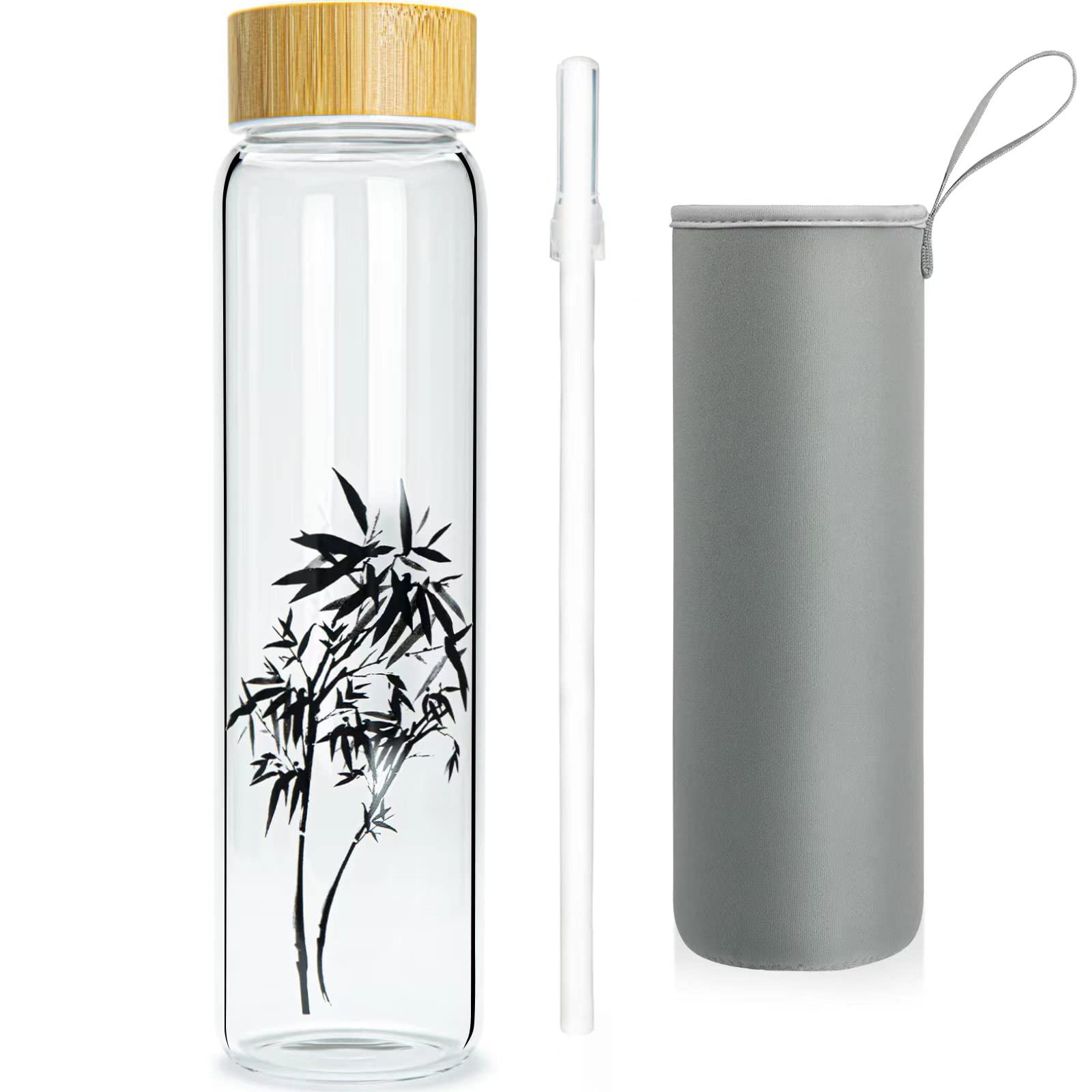 Ferexer Borosilicate Glass Water Bottle with Bamboo Lid and Neoprene Sleeve，Reusable Glass Dirinking Bottle Wide Mouth BPA Free 600 ml / 1 Litre / 1l (1000ml, Bamboo 1l)
