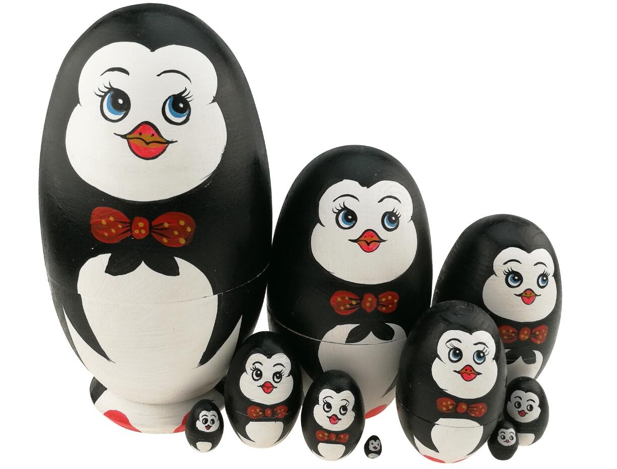 Cute Animal Theme Penguin with Bowtie Egg Shape Wooden Handmade Nesting Dolls Matryoshka Dolls Set 10 Pieces for Kids Toy Birthday Home Kids Room Decoration