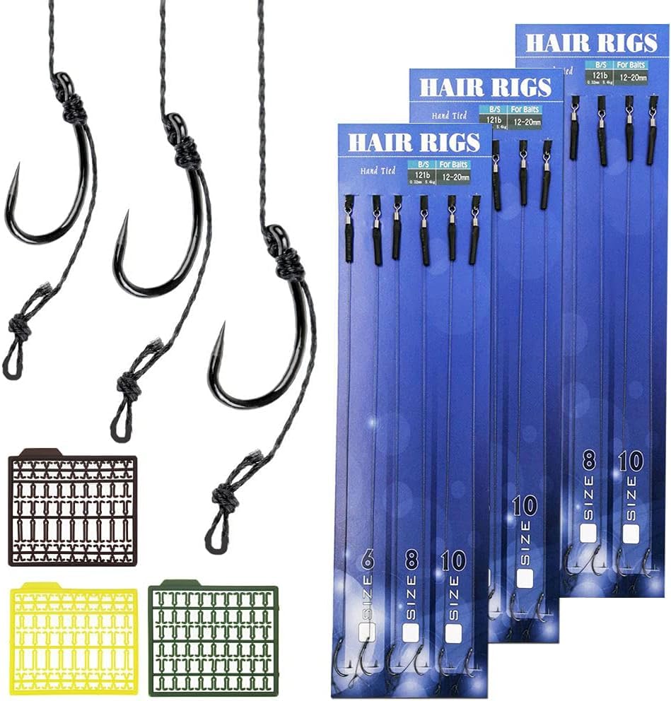 HEKOBAG 18 Pcs Carp-Specific Hair Rigs Set, Carbon Steel Barbless Curve Hooks with Braid & Swivel Boilies - Includes 3 Bait Stoppers for Angling, Size #6#8#10