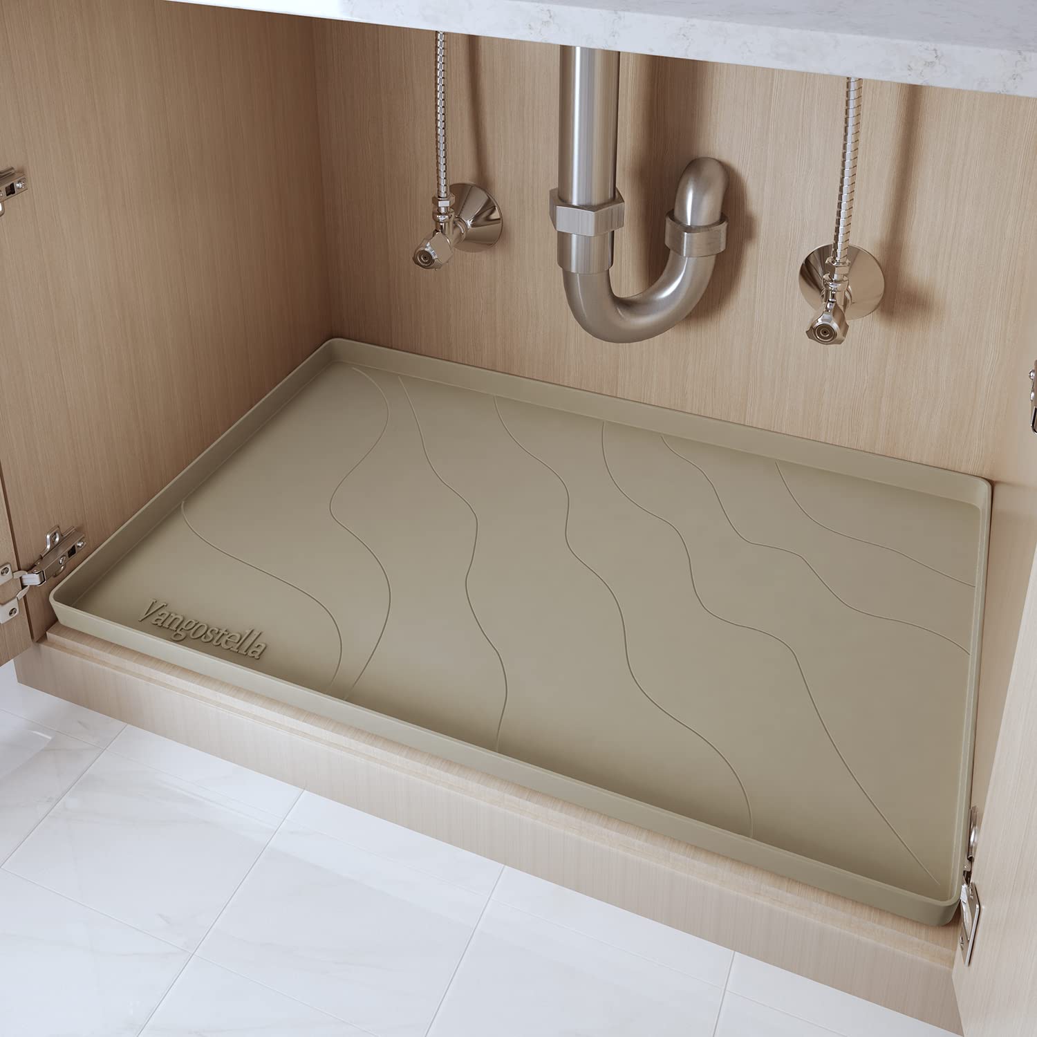 Photo 1 of Vangostella Heavy Duty Silicone Under Sink Mats for Kitchen Waterproof 34" x 19", Extra Thick Under Sink Rubber Mat Drip Tray, Raised Edge Under Sink Liner,Prevent Drips, Leaks, Spills,Brown