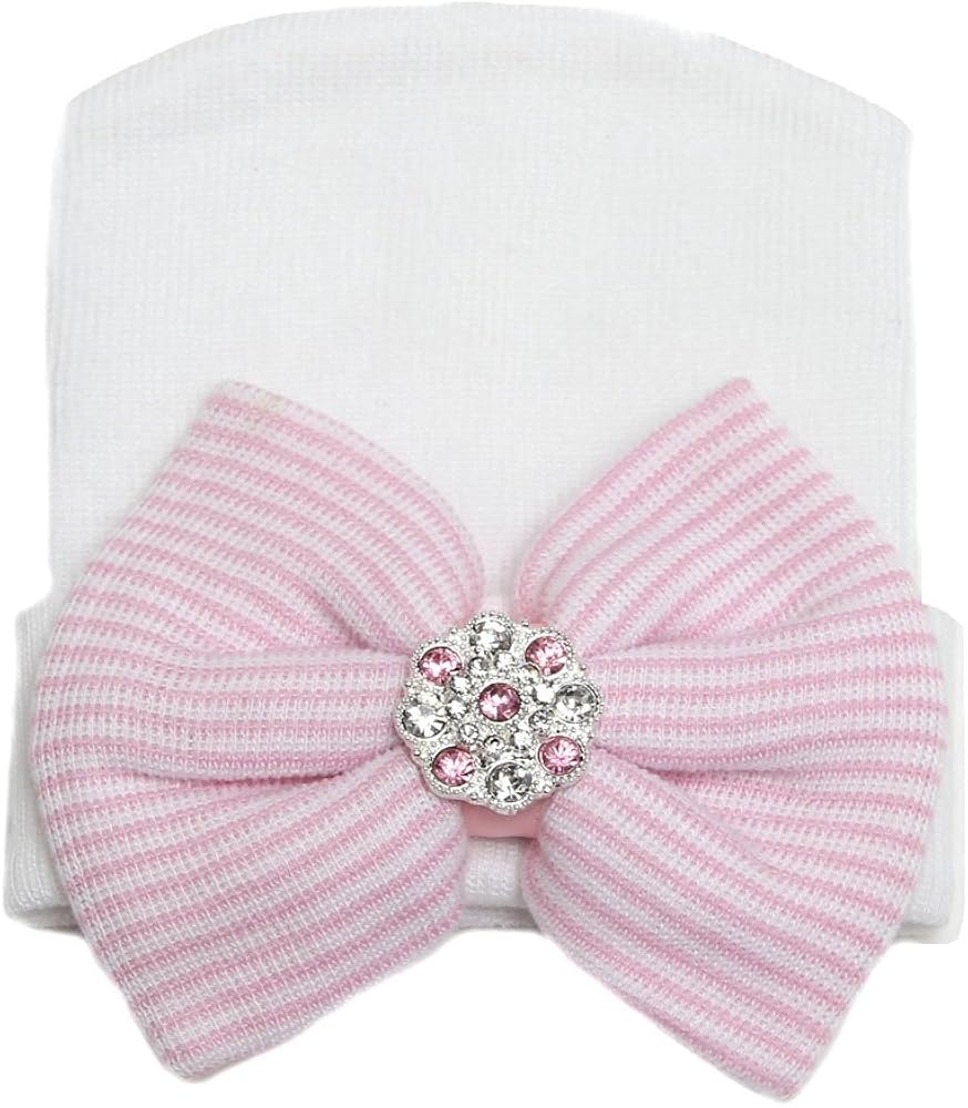 Gellwhu Pink White Blue Newborn Girl Nursery Beanie Hospital Hat with Large Bow (3 Colors Pack K): Clothing