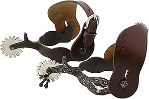 Jeereal Men's Western Antique Spurs with Spur Straps, Engraved German Silver Trims