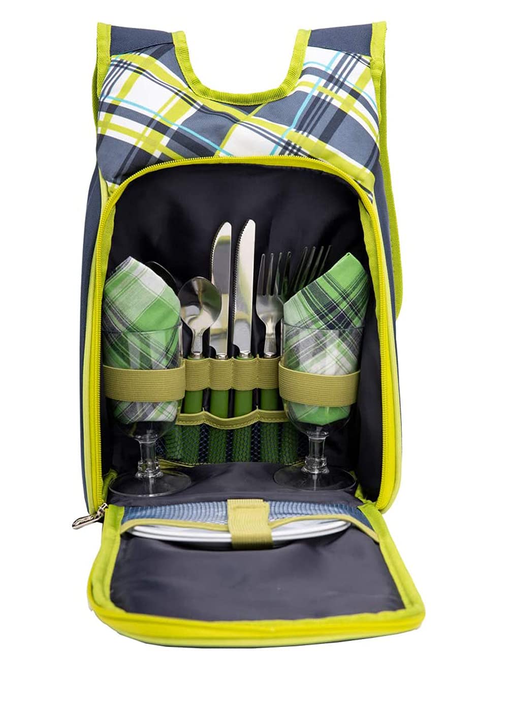 Picnic Bag Kit - Set for 2 Person Picnic with Detachable Bottle/Wine Holder with Tableware Cooler Bag Lunch Shoulder Bag (Green)