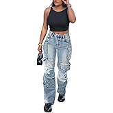 LKOUS Women's Y2K Baggy Straight Wide Leg Cargo Jeans, Streetwear High Waisted Denim Pant