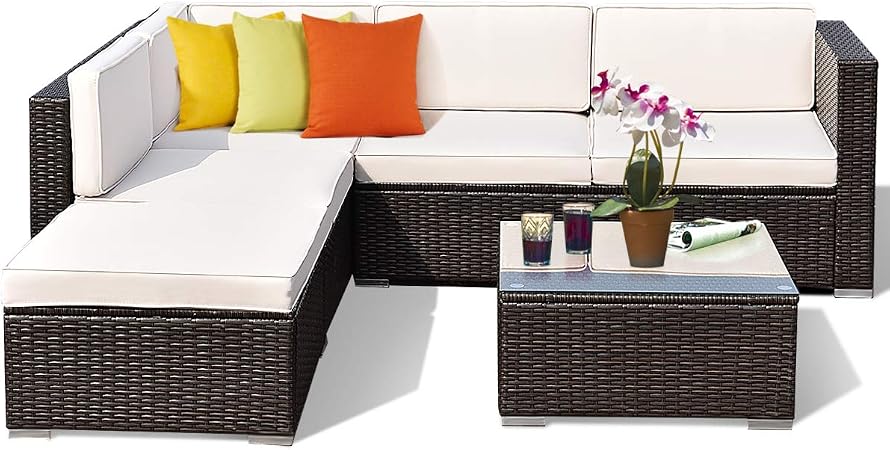 Amazon Com Goplus 4 Piece Wicker Patio Furniture Set For Outdoor Patio Garden Lawn Backyard Conversion Set With Cushion Tempered Glass Tabletop Pe Rattan Garden Outdoor