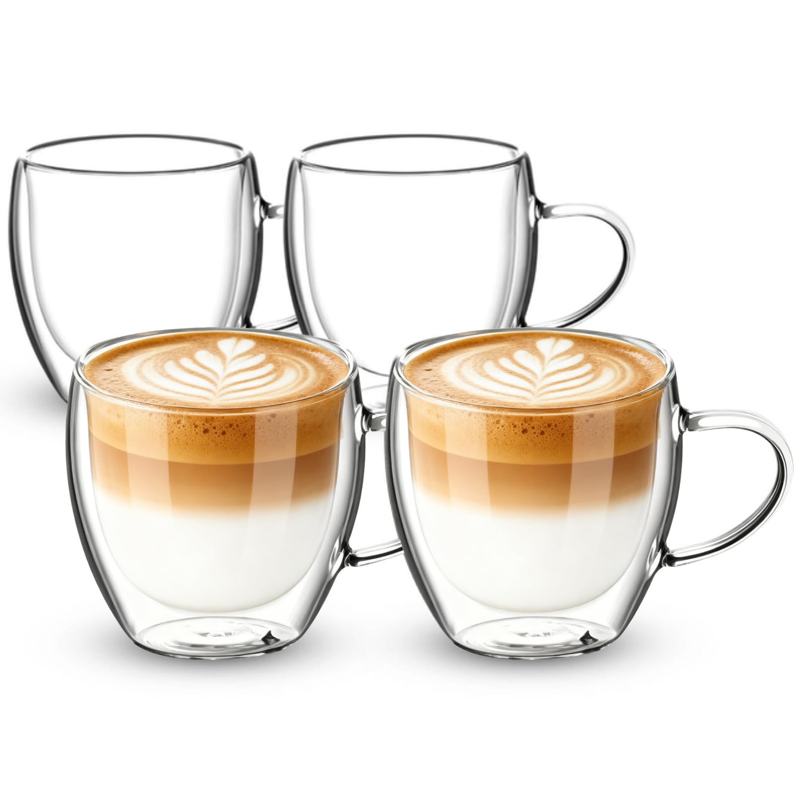 Esilihom 4 Pack Double Walled Coffee Glasses Mugs, 250ml/8.8oz Cappuccino Latte Macchiato Glasses Cups with Handle, Heat Resistant Borosilicate Glasses Cup for Coffee Tea Milk Juice Ice Cream