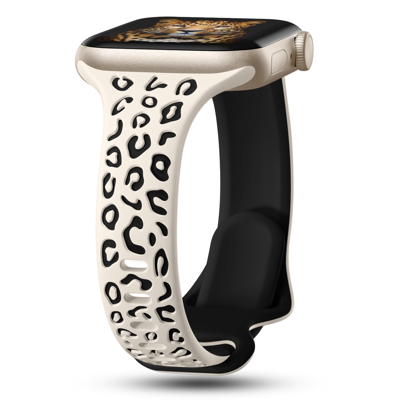 CreateGreat Slim Leopard Engraved Bands Compatible with Apple Watch Band 41mm 40mm 38mm Women, Cheetah Silicone Strap for iWatch Series 10 9 8 7 6 5 4 3 2 1,Ultra,SE-Starlight.Black