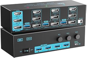 DXCHIP 8K/4K Triple Monitor KVM Switch 3 Monitors 3 Computers 3 Port 2 Displayport 1.4 and HDMI 2.1 USB 3.0 KVM Switches, DP 1.4 Supports 8K@30Hz/4K@144Hz, HDMI Supports 8K@60Hz /4K@120Hz with Wired Remote