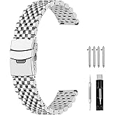 SINAIKE Polished Metal Watch Band for Men Women, 20mm 22mm Quick Release 3D 7 Beads Stainless Steel Watch Bands Strap Classic Replacement Bracelet with Double Locks Silver