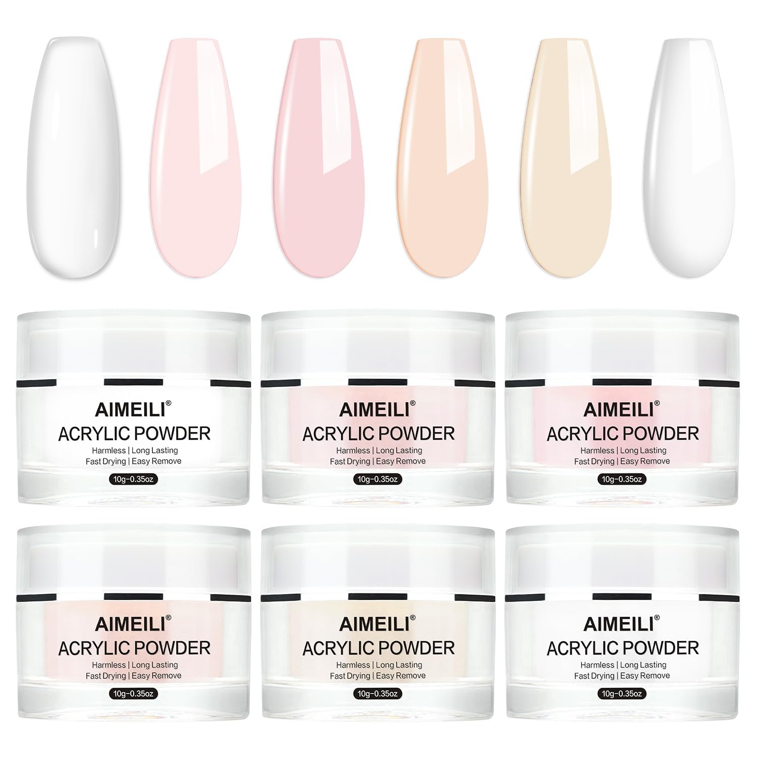 AIMEILI Acrylic Powder Set, 6 x 10g Clear Nude Pink Acrylic Nail Powder Set Acrylic Application for Acrylic Nails Extension Nail Art French Manicure Nail Carving, No Nail Lamp Needed
