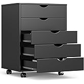 OLIXIS 5 Drawer Mobile File Cabinet Under Desk Storage Organization with Wheels Vertical Filing Chest Rolling Wood Small Desk Printer Stand for Home Office, 15.75"D x 18.74"W x 25.39"H, Black
