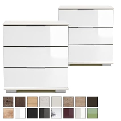 Wimex 2er Nachttisch-Set NIGO für Boxspringbett, Höhe 58 cm, 3 Schubladen, Nachtkommode Glas-Front weiß, 2 Nachtschränke