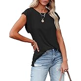 APOFER Women's Casual Cap Sleeve T Shirts Summer Crew Neck Side Slit Tee Shirt Basic Knit Loose Fit Tops
