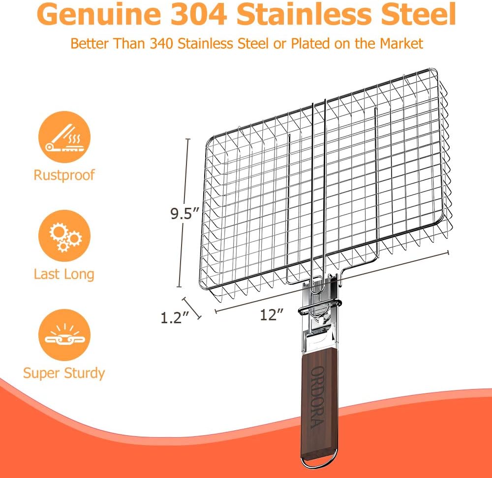 ORDORA Portable Fish Grill Basket, BBQ Grilling Basket for Outdoor Grill, Rustproof 304 Stainless Steel Grill Accessories, Heavy Duty Shrimp Grill Baskets, BBQ Tool for Steak, Potatoes, Chops, Kabob : Garden & Outdoor