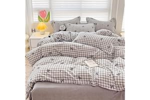 Jolusere Gray Plaid Duvet Cover Queen Size for Girls Kids Light Gray Comforter Cover Cute Love Heart Bowknot Duvet Cover Set Simple Stylish Plaid Pattern Bedding Set Soft Reversible 90x90 Duvet Covers