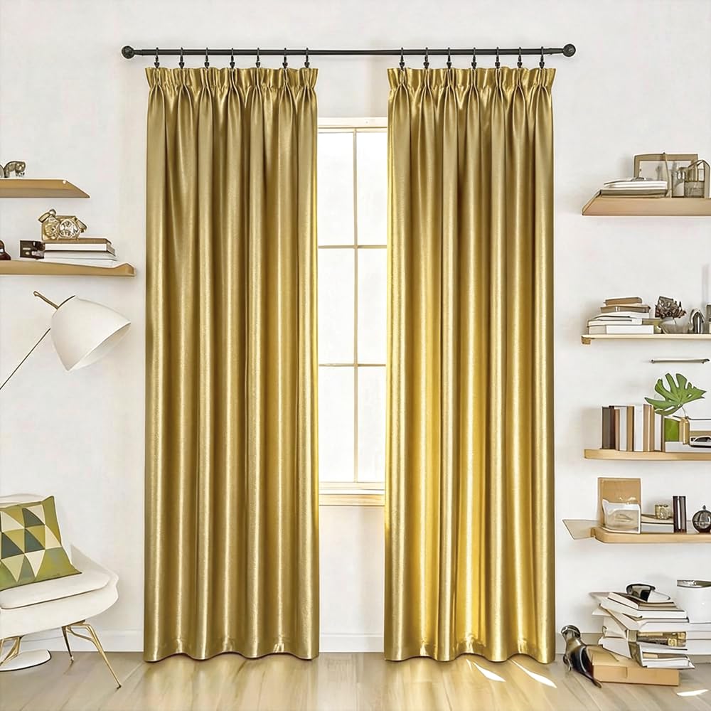 MYRU Elegant Gold Pencil Pleat Curtains – Room Darkening Shiny Fabric for Living Room & Bedroom (2 Panels 66x90 Inches, Luxurious Golden Drapes)