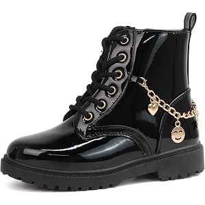 Glamor Chaser Girls Combat Boots, Kids Black Boots with Gold Chain Charms | Girls Black Combat Boots, Gold Chain Charm, Lace-