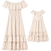 AWIBMK Mother Daughter Matching Boho Mommy and Me Dress Summer Casual Off Shoulder Smocked Tiered A-Line Maxi Dress