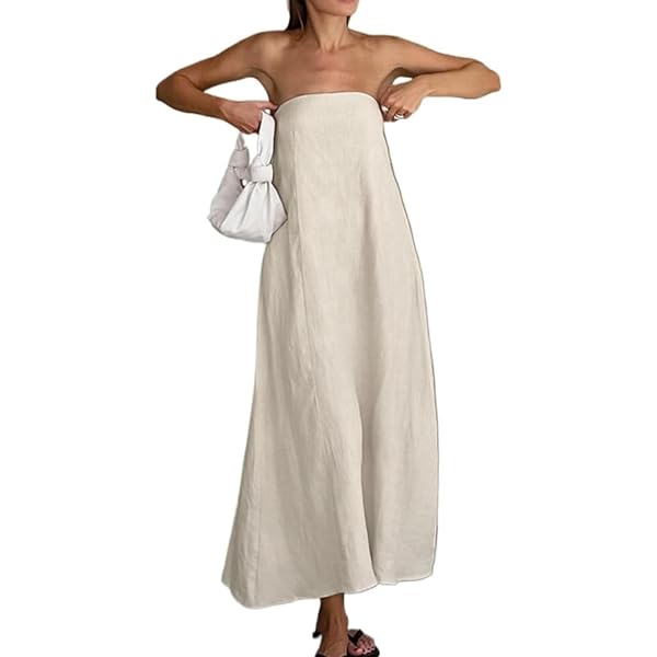 tube top linen dress Shirred Tube Top Pleated Maxi Dress in White Linen