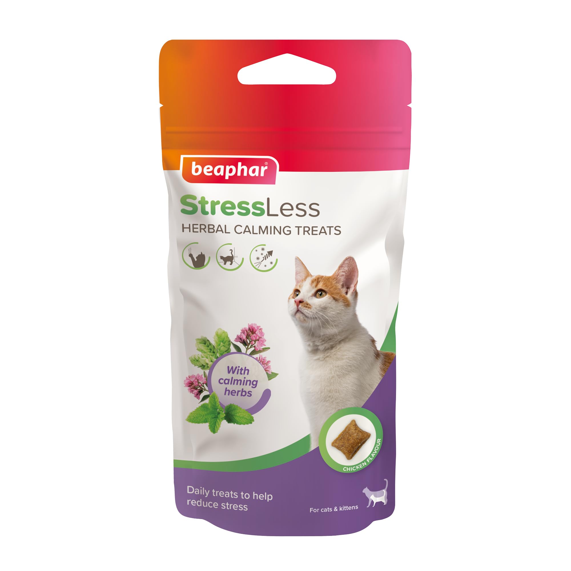 Beaphar – StressLess Herbal Calming Cat Treats – Daily Treats to Help Reduce Stress – Tasty Chicken Flavour – With Natural Calming Ingredients – 35g Treat Pack