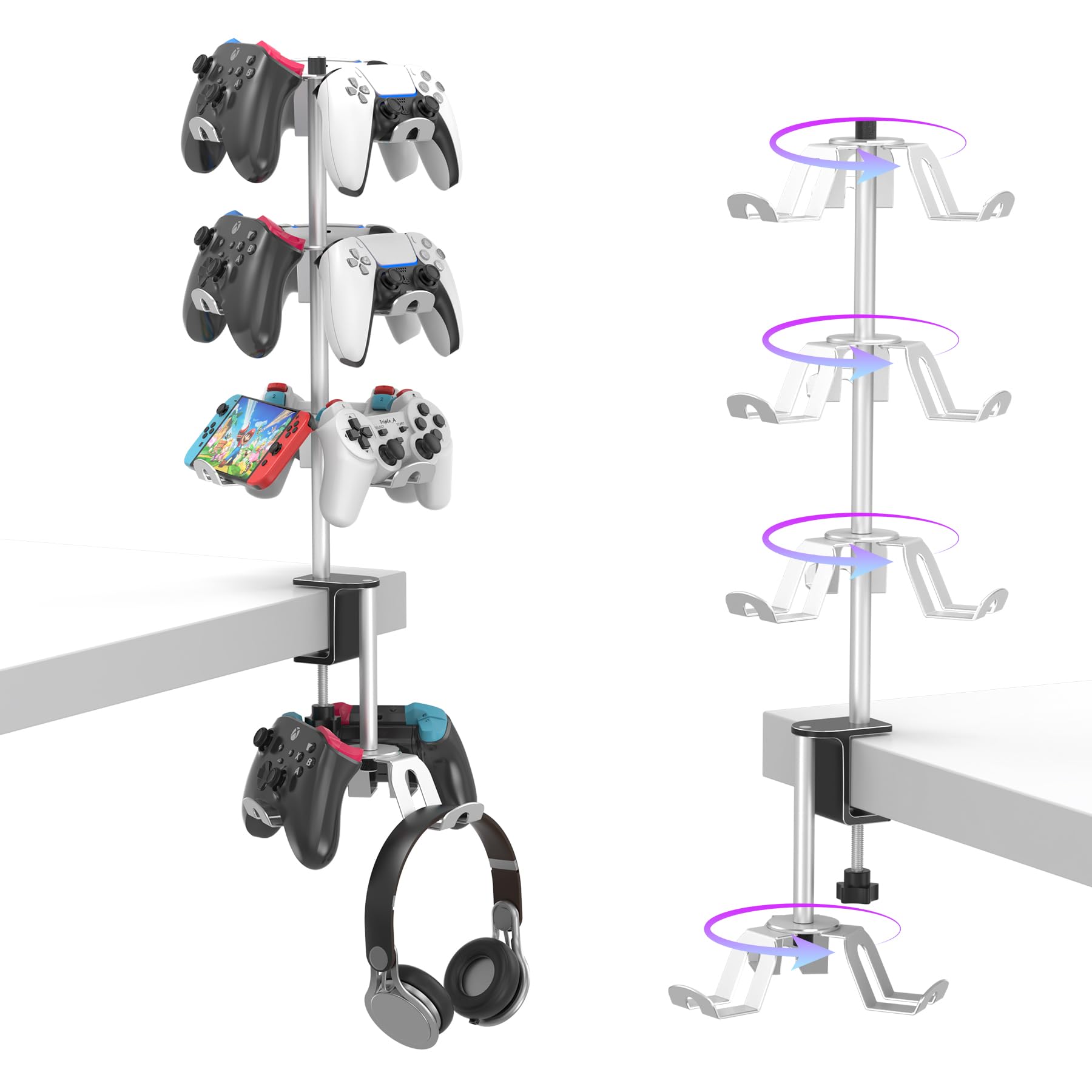 DGPCT Rotatable 4 Tier Desk Clamp Controller Headset Stand, Aluminum Under Desk Controller Holder Compatible with PS5 Xbox Nintendo Switch PC PS4, Universal Gaming Headphone Hanger, Silver