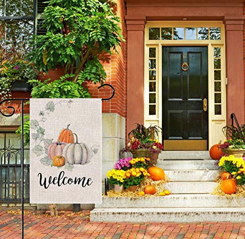 PINCHUANG Fall Welcome Pumpkin Garden Flag - Double Sided Decorative Autumn Thanksgiving Farmhouse Harvest Garden Flag Yard Burlap Banner for Indoor & Outdoor Decoration(Not Include a Flag Pole)