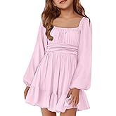 Batermoon Girls Long Sleeve Tie Back Dress Kids Fall Square Neck A-Line Mini Dresses 5-14 Years