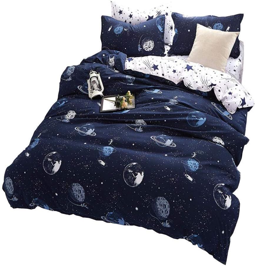Andrui Bedding Set Star Planet Galaxy Space Universe Print Boys Duvet/Quilt Cover and Pillowcases Navy Blue Planet Spaceship Double Size Bedding Sets Zipper Closure Easy Care