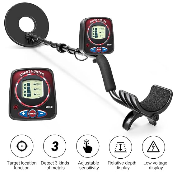 URCERI 1069 Detector de Metales de Alta Precisión, Impermeable, 2 Modos de Metal y Disco con Pantalla LCD y luz LED (Accesorios complementarios, Pala, ...