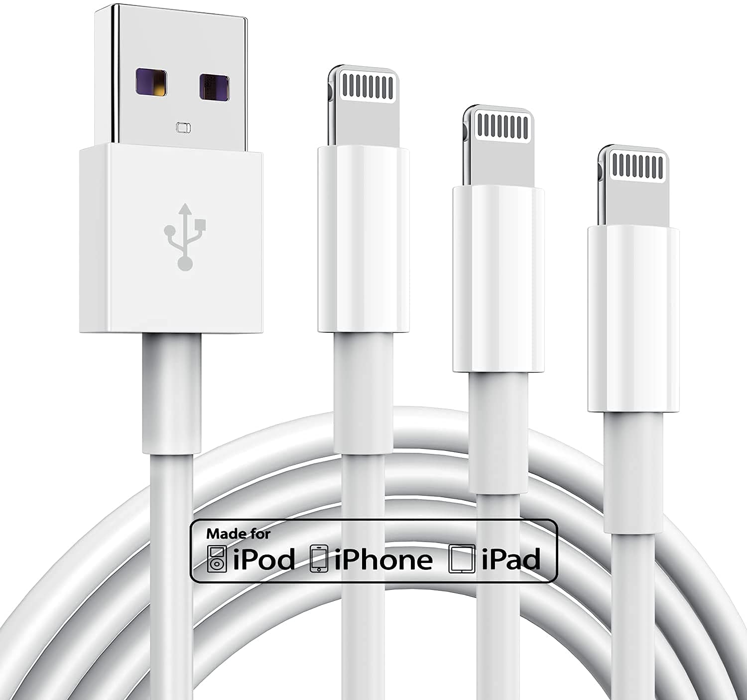Photo 1 of 3 Pack Apple MFi Certified Charger Cable, Apple Lightning to USB Cable Cord, 2.4A Fast Charging Phone Long Chargers for iPhone 12/11/11Pro/11Max/ X/XS/XR/XS Max/8/7/6/5S/SE (3ft, White)