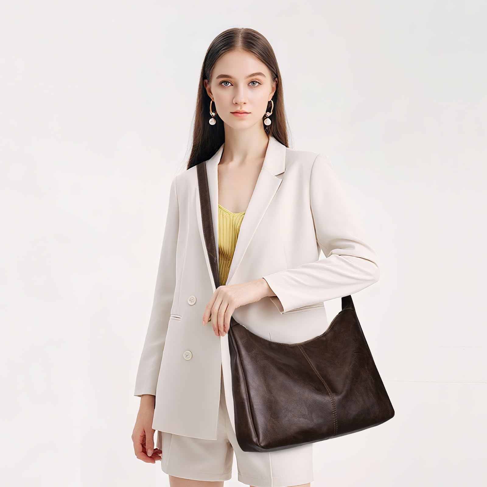 Slouchy Hobo Bags for Women,Brown Leather Shoulder Bag Everyday Purse Daily Commuting Bag Fall Handbags 2025