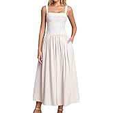 XinFSh Women's Summer Corset Midi Dress Flowy Square Neck Sleeveless Lace Wedding Guest Dresses with Pockets
