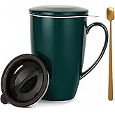 SISETOP 17 OZ Large Tea Cup with Infuser and Lid, Ceramic Tea Infuser Cup with Spoon for Loose Leaf, Microwave & Dishwasher Safe, Green