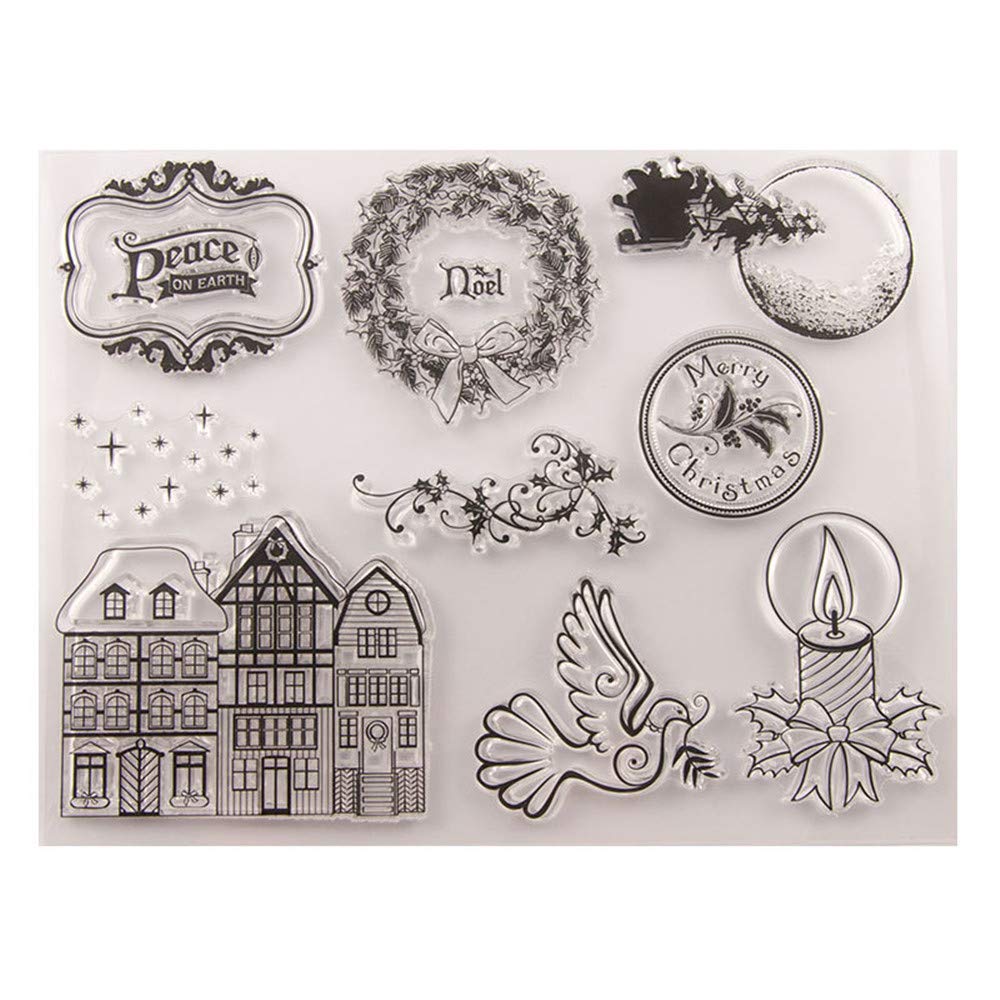 Merry Christmas Candles House Peace Christmas Decors Leaves Clear Stamps for Christmas Cards Making Decoration and Scrapbooking Rubber Stamps for Craft
