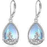 AXOMY Mermaid/Bunny/Swan/Peacock Moonstone Earrings 925 Sterling Silver Teardrop Dangle Hypoallergenic Leverback Earring for Women Mother Friends