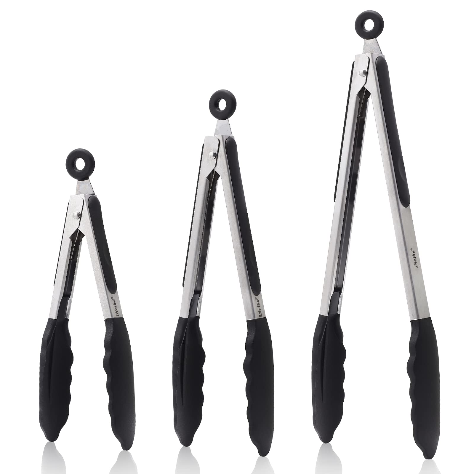 iNeibo Kitchen Tongs Set of 3,7”,9” and 12” Premium Stainless Steel Cooking Tongs, Non Stick and Heat Resistant, Silicone Tongs for Cooking, Serving, Barbecue, Buffet, Salad, Ice, Oven