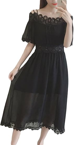 Amazon Bscoolレディース シフォンワンピース レース ワンピ 肩出し オフショルダー ワンピース 白ワンピース ひざ丈 おしゃれ 白 黒 D黒 ワンピース チュニック 通販