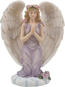 Kneeling Angel in Prayer Figurine on a Heavenly Cloud with Accents of Roses for Spiritual, Religious and Christian Home Decor Sculptures or Statues As Artistic Inspirational Gifts