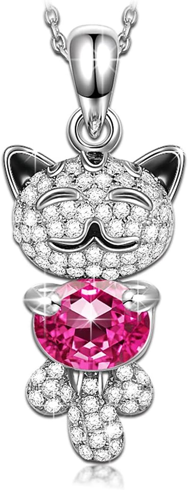 QIANSE Mothers Day Necklaces Gifts Lucky Cat 925 Sterling Silver Necklace Swarovski Crystals Jewelry Smiling Cat Pendant