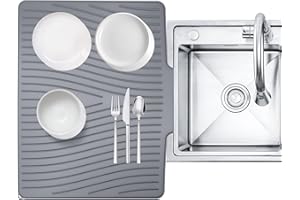 HIGHYDROLED Silicone Dish Drying Mat with Drain Lip 23.6'' x 17.9'' Non-Slip Silicone Dish Drying Mat for Kitchen Counter, Heat Resistant Dish Drying Pad Quick Dry Self-draining Dish Drainer Mat Board Grey