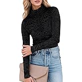 Womens Slim Fit Velvet Burnout Top - Mockneck Long Sleeve Semi See Through Blouse Elegant Shirt for Party/Date/Night Out
